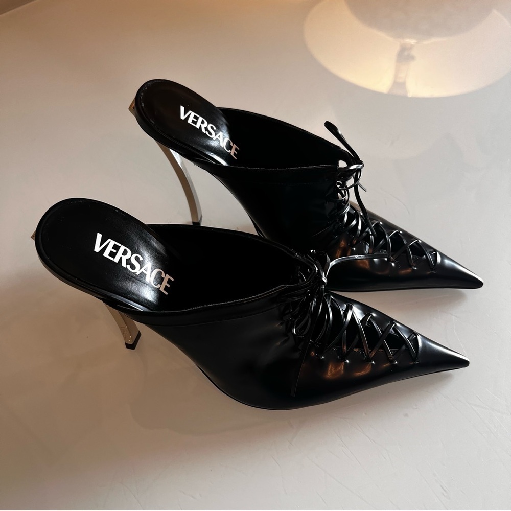 VERSACE 110mm lace-up leather pointed toe mule heels - Picture 14 of 16